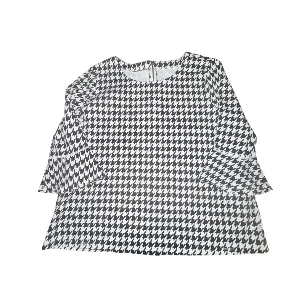 Kim Rogers Blouse Women's Sz XL Black White Houndstooth 3/4 Bell Sleeve Back Zip